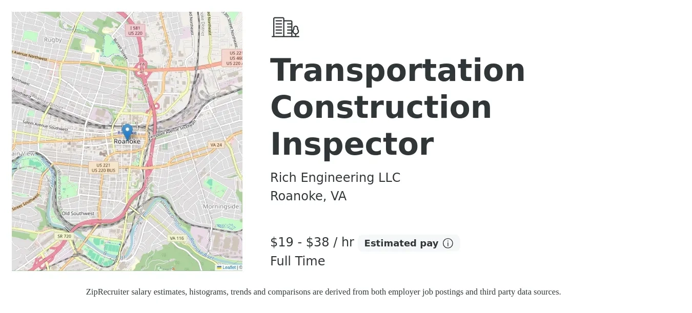 Rich Engineering LLC job posting for a Transportation Construction Inspector in Roanoke, VA with a salary of $20 to $40 Hourly with a map of Roanoke location.