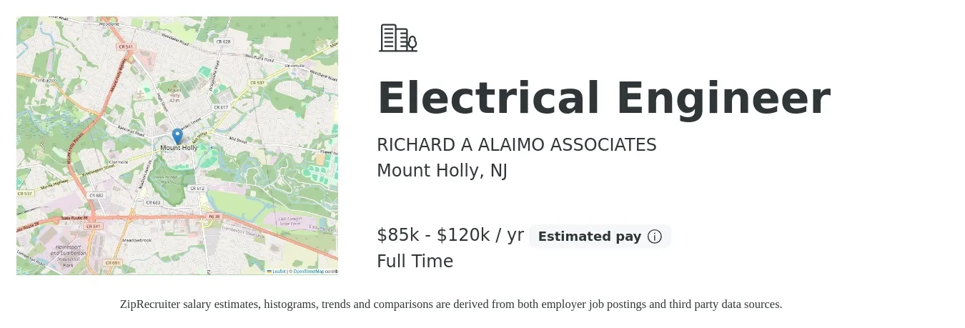 RICHARD A ALAIMO ASSOCIATES job posting for a Electrical Engineer in Mount Holly, NJ with a salary of $85,000 to $120,000 Yearly with a map of Mount Holly location.