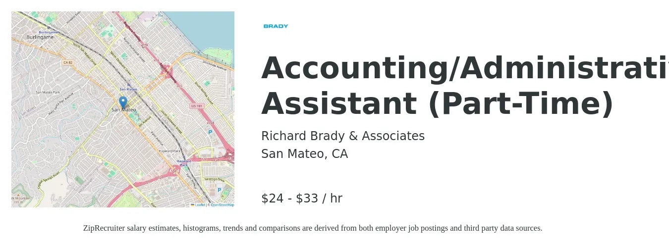 Richard Brady & Associates job posting for a Accounting/Administrative Assistant (Part-Time) in San Mateo, CA with a salary of $25 to $35 Hourly with a map of San Mateo location.