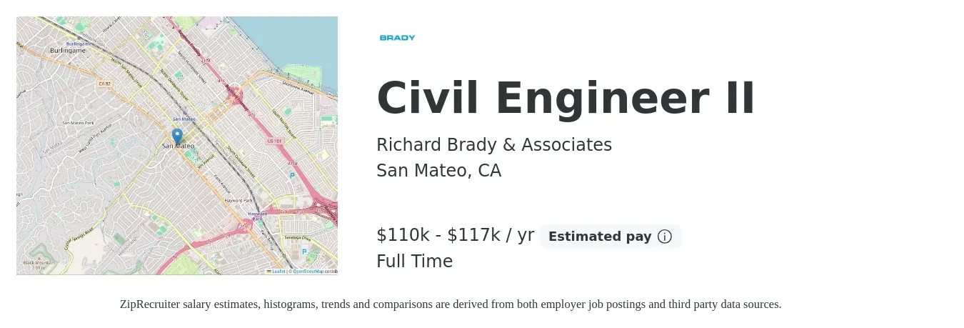 Richard Brady & Associates job posting for a Civil Engineer II in San Mateo, CA with a salary of $110,000 to $117,000 Yearly with a map of San Mateo location.