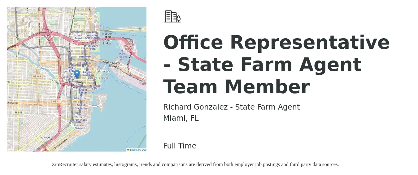 Richard Gonzalez - State Farm Agent job posting for a Office Representative - State Farm Agent Team Member in Miami, FL with a salary of $38,300 to $52,600 Yearly with a map of Miami location.