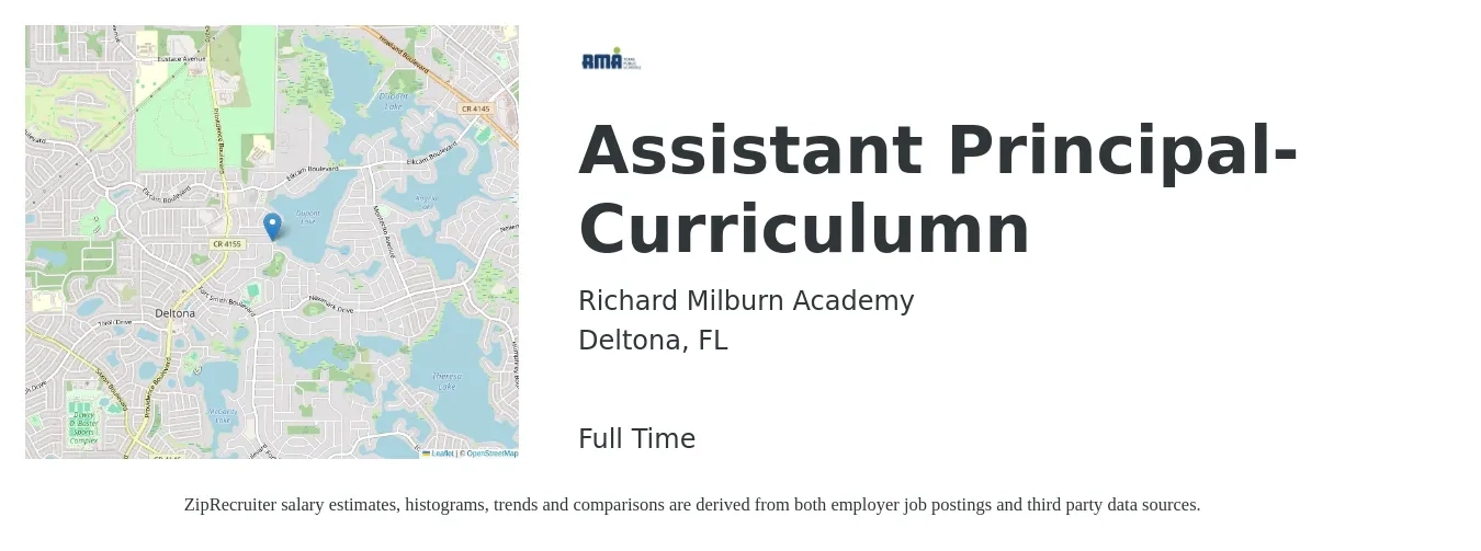 Richard Milburn Academy job posting for a Assistant Principal-Curriculumn in Deltona, FL with a salary of $59,400 to $84,900 Yearly with a map of Deltona location.