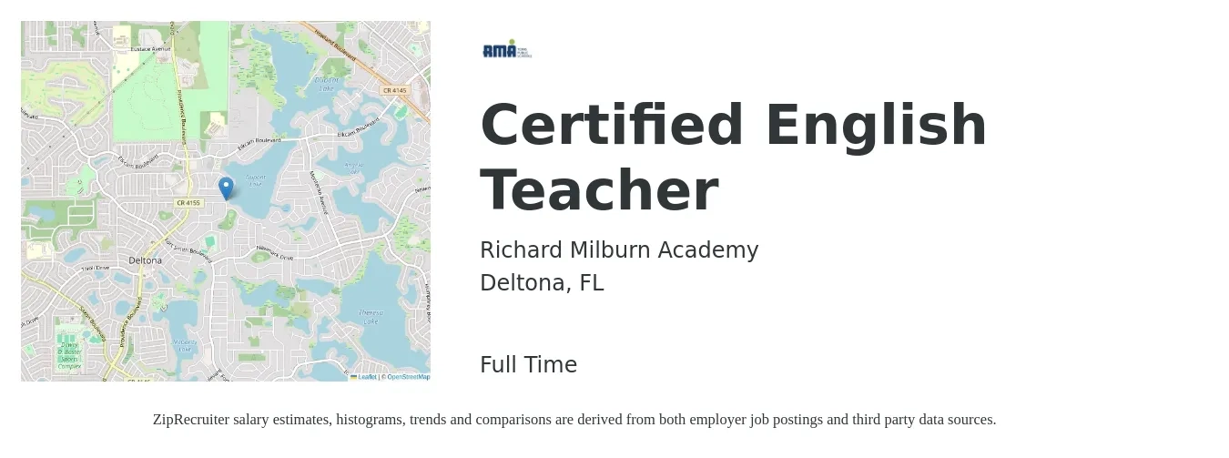 Richard Milburn Academy job posting for a Certified English Teacher in Deltona, FL with a salary of $38,800 to $52,600 Yearly with a map of Deltona location.