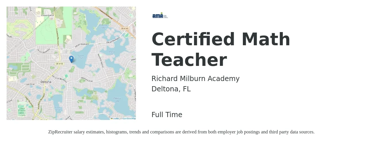 Richard Milburn Academy job posting for a Certified Math Teacher in Deltona, FL with a salary of $40,500 to $53,000 Yearly with a map of Deltona location.