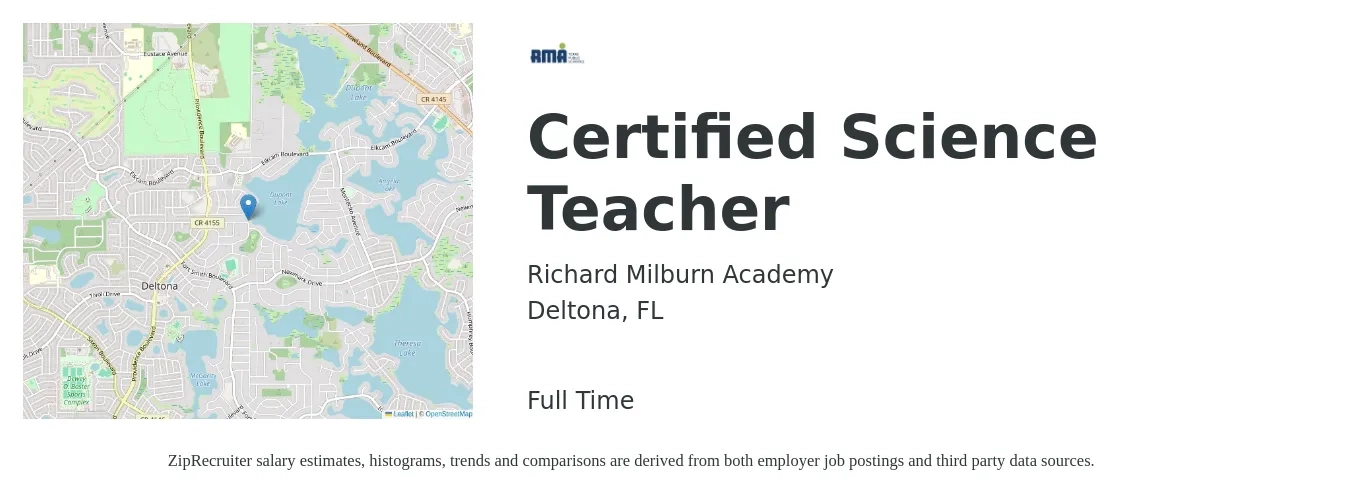 Richard Milburn Academy job posting for a Certified Science Teacher in Deltona, FL with a salary of $41,400 to $53,400 Yearly with a map of Deltona location.