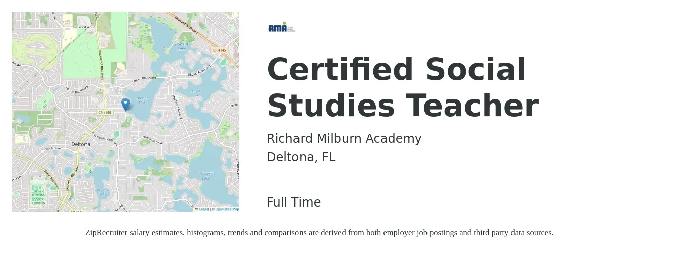 Richard Milburn Academy job posting for a Certified Social Studies Teacher in Deltona, FL with a salary of $38,800 to $52,600 Yearly with a map of Deltona location.
