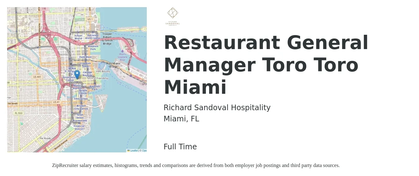 Richard Sandoval Hospitality job posting for a Restaurant General Manager Toro Toro Miami in Miami, FL with a salary of $51,600 to $71,300 Yearly with a map of Miami location.