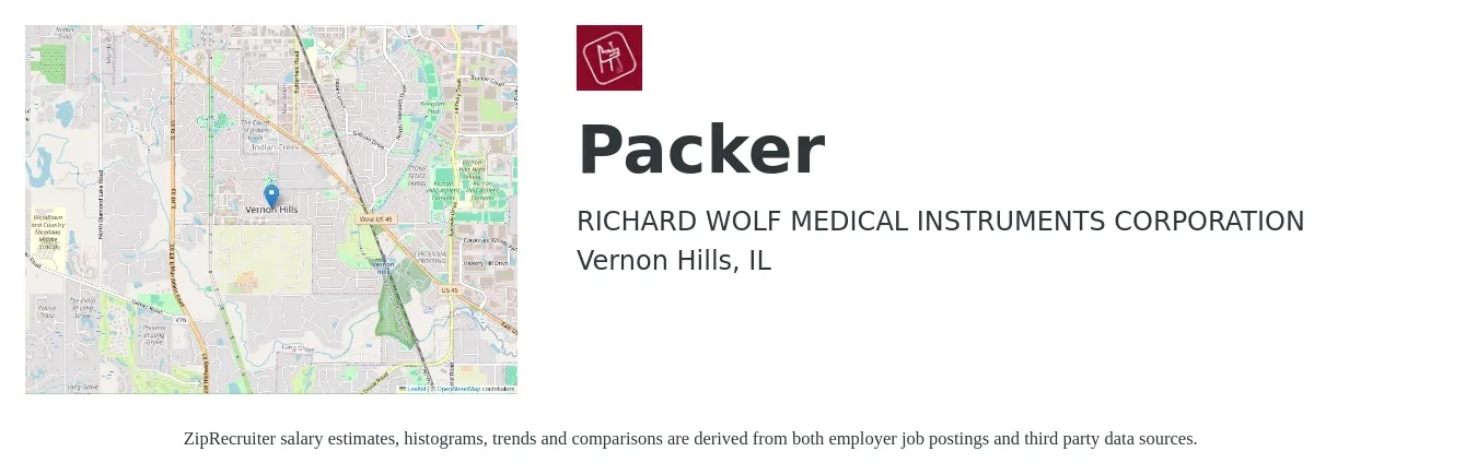 Richard Wolf Medical Instruments job posting for a Packer in Vernon Hills, IL with a salary of $14 to $18 Hourly with a map of Vernon Hills location.