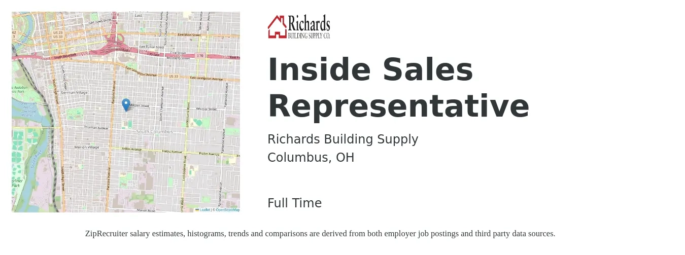 Richards Building Supply job posting for a Inside Sales Representative in Columbus, OH with a salary of $38,200 to $57,000 Yearly and benefits including medical, retirement, vision, dental, and life_insurance with a map of Columbus location.