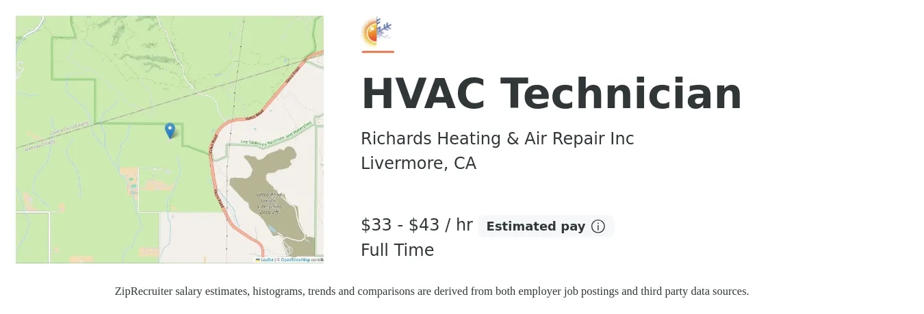 Richards Heating & Air Repair Inc job posting for a HVAC Technician in Livermore, CA with a salary of $35 to $45 Hourly with a map of Livermore location.