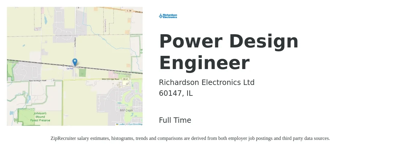 Richardson Electronics Ltd job posting for a Power Design Engineer in 60147, IL with a salary of $81,800 to $114,500 Yearly with a map of 60147 location.