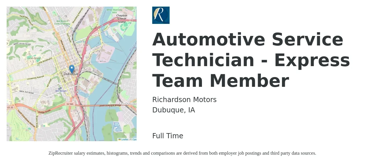 Richardson Motors job posting for a Automotive Service Technician - Express Team Member in Dubuque, IA with a salary of $18 to $29 Hourly with a map of Dubuque location.