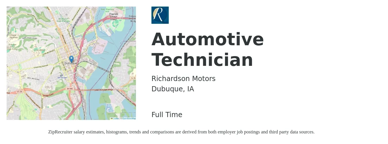 Richardson Motors job posting for a Automotive Technician in Dubuque, IA with a salary of $20 to $33 Hourly with a map of Dubuque location.