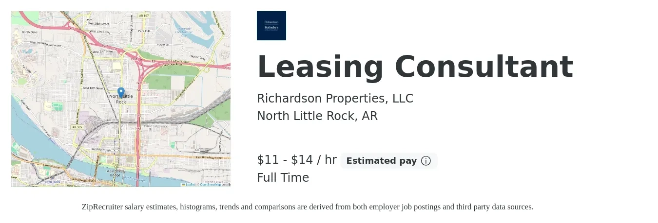 Richardson Properties, LLC job posting for a Leasing Consultant in North Little Rock, AR with a salary of $12 to $15 Hourly with a map of North Little Rock location.