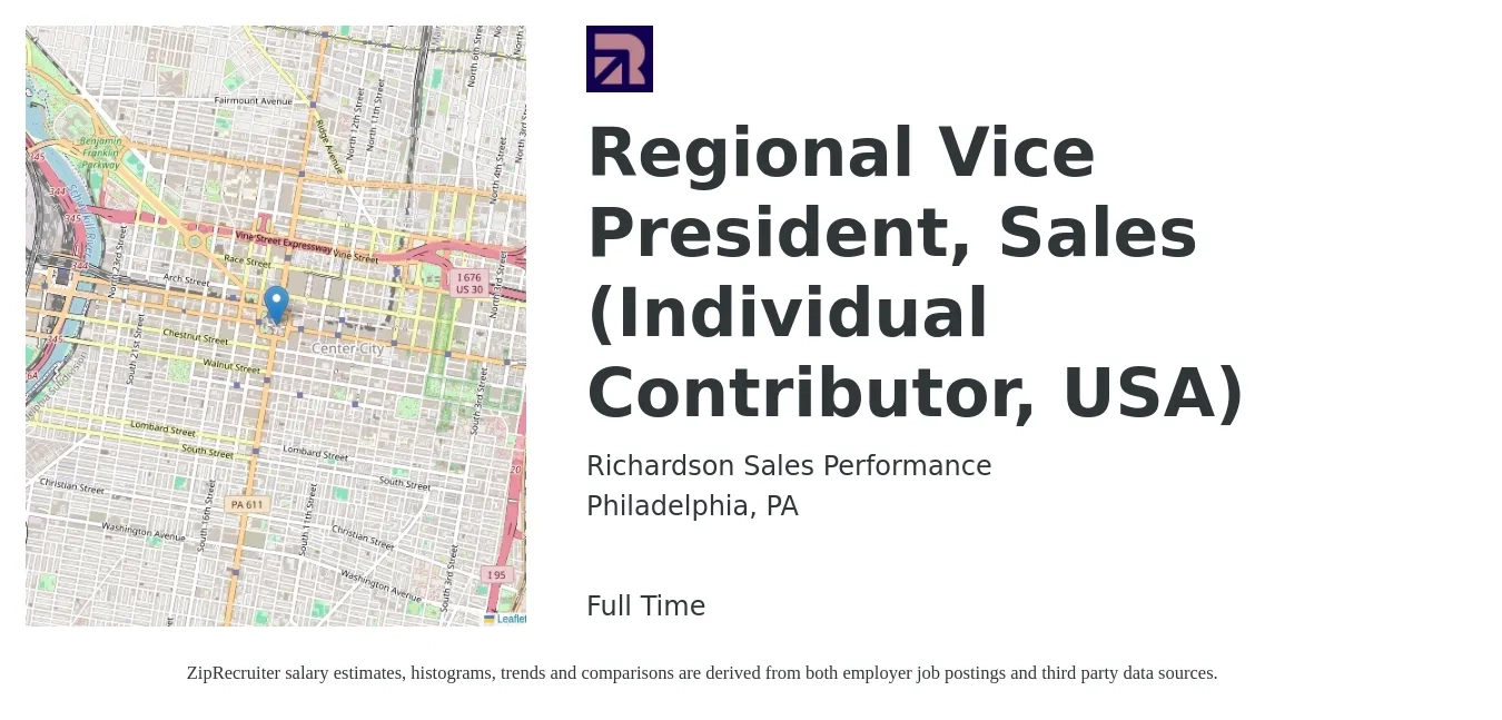 Richardson Sales Performance job posting for a Regional Vice President, Sales (Individual Contributor, USA) in Philadelphia, PA with a salary of $110,000 to $130,000 Yearly with a map of Philadelphia location.