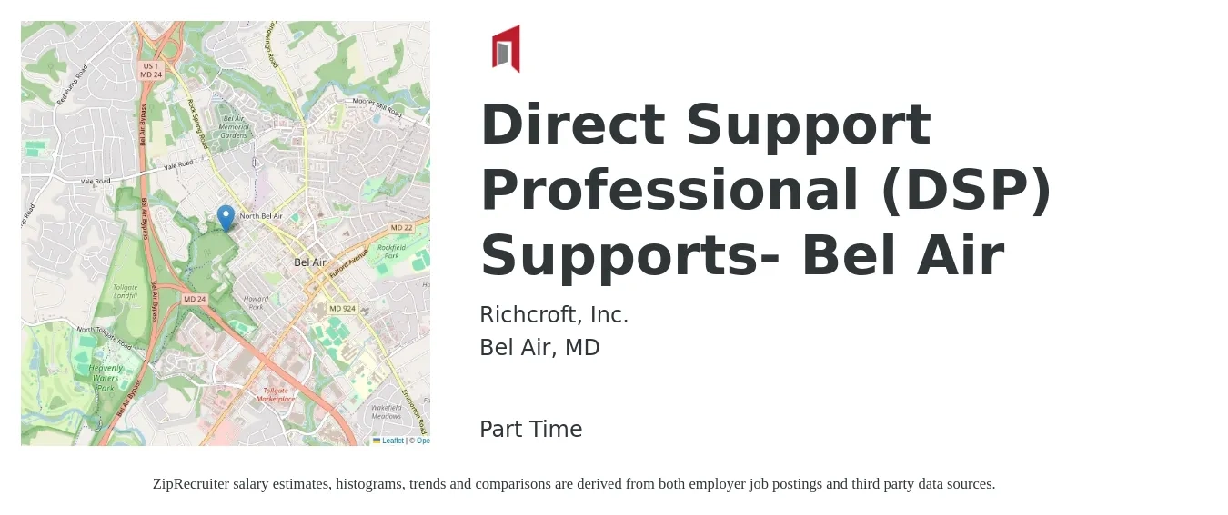 Richcroft, Inc. job posting for a Direct Support Professional (DSP) Supports- Bel Air in Bel Air, MD with a salary of $14 to $17 Hourly with a map of Bel Air location.