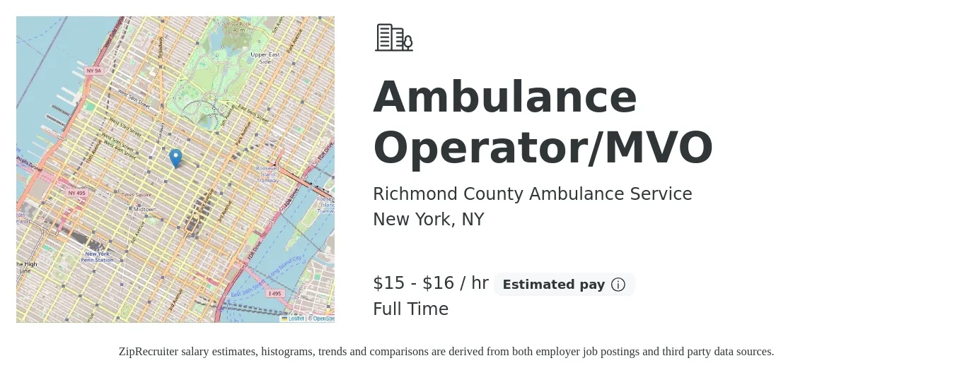 Richmond County Ambulance Service job posting for a Ambulance Operator/MVO in New York, NY with a salary of $16 to $17 Hourly with a map of New York location.