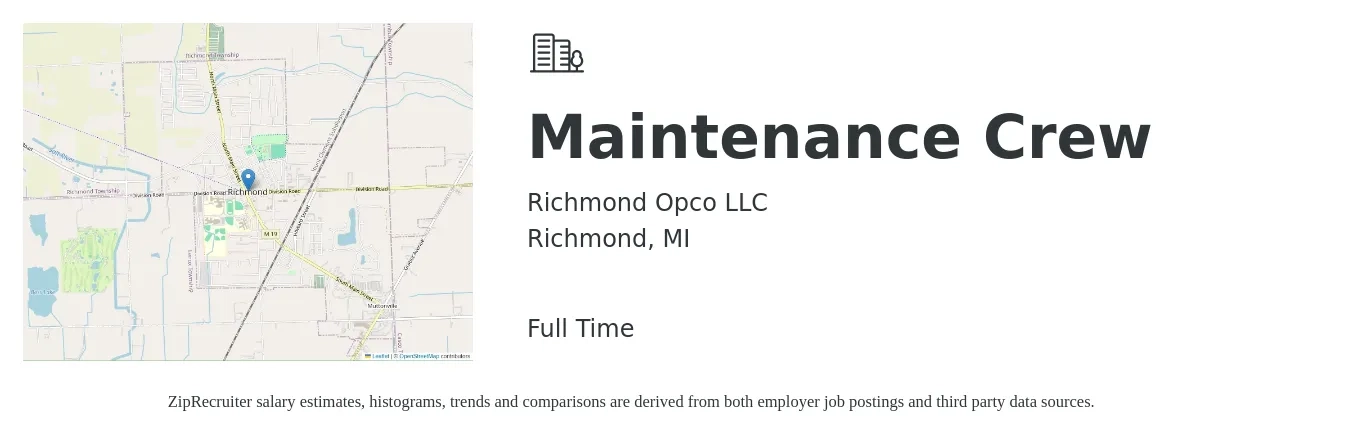 Richmond Opco LLC job posting for a Maintenance Crew in Richmond, MI with a salary of $22 to $36 Hourly with a map of Richmond location.