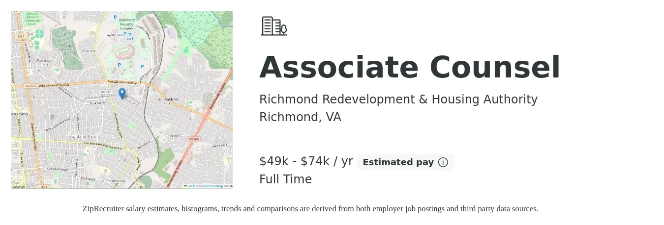 Richmond Redevelopment & Housing Authority job posting for a Associate Counsel in Richmond, VA with a salary of $49,920 to $74,880 Yearly with a map of Richmond location.