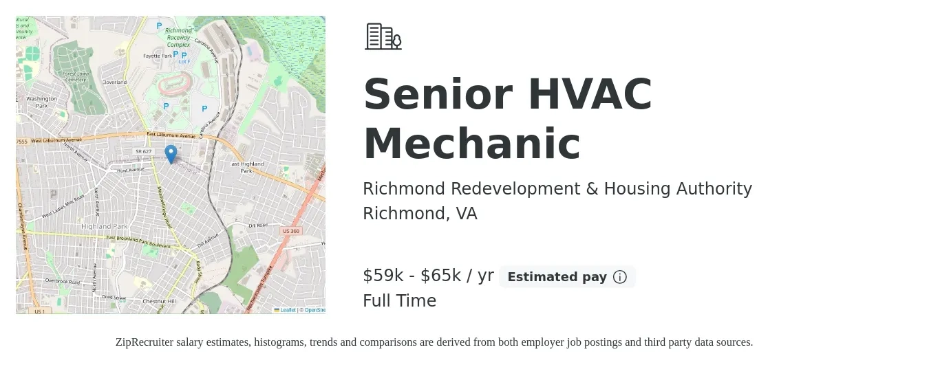 Richmond Redevelopment & Housing Authority job posting for a Senior HVAC Mechanic in Richmond, VA with a salary of $59,000 to $65,000 Yearly with a map of Richmond location.