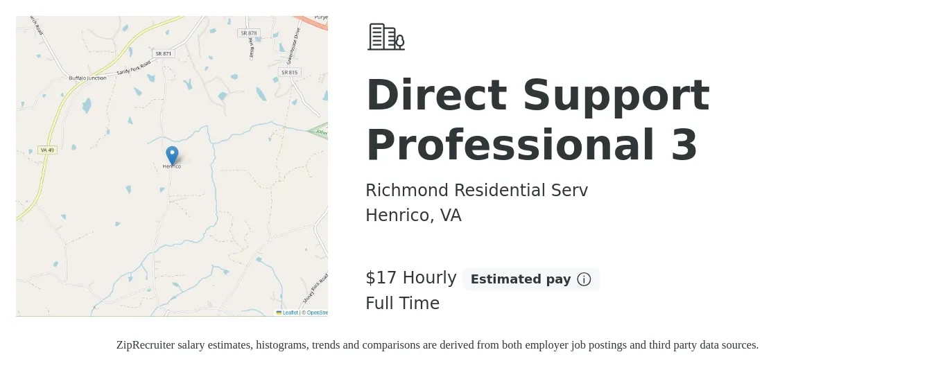 Richmond Residential Serv job posting for a Direct Support Professional 3 in Henrico, VA with a salary of $18 Hourly with a map of Henrico location.