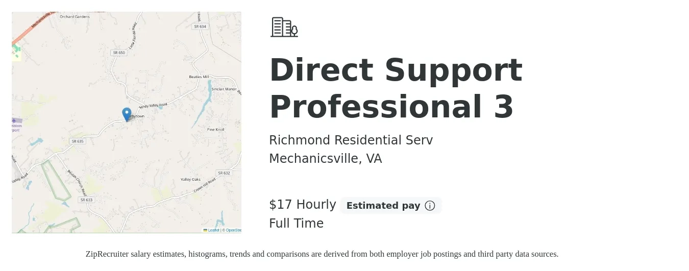 Richmond Residential Serv job posting for a Direct Support Professional 3 in Mechanicsville, VA with a salary of $18 Hourly with a map of Mechanicsville location.