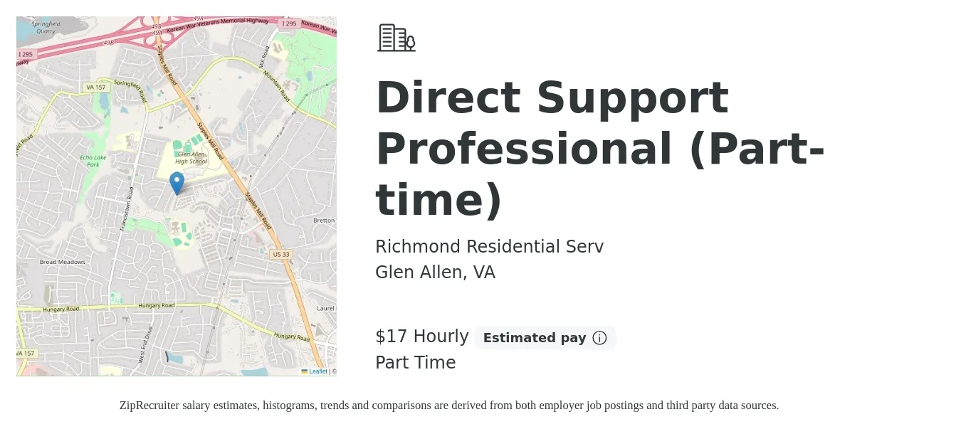 Richmond Residential Serv job posting for a Direct Support Professional (Part-time) in Glen Allen, VA with a salary of $18 Hourly with a map of Glen Allen location.