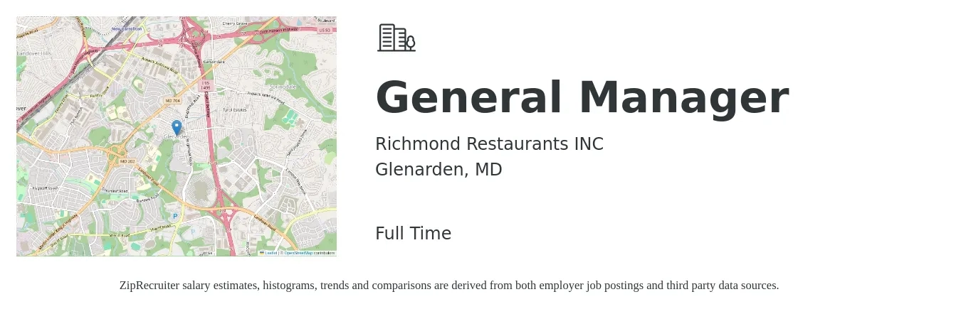 Richmond Restaurants INC job posting for a General Manager in Glenarden, MD with a salary of $49,400 to $73,900 Yearly with a map of Glenarden location.