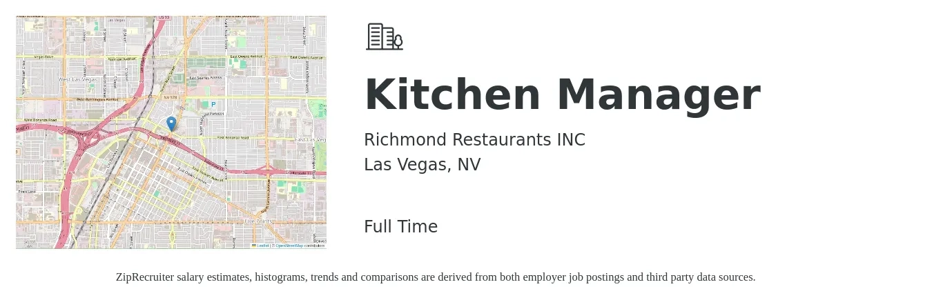 Richmond Restaurants INC job posting for a Kitchen Manager in Las Vegas, NV with a salary of $37,200 to $59,700 Yearly with a map of Las Vegas location.