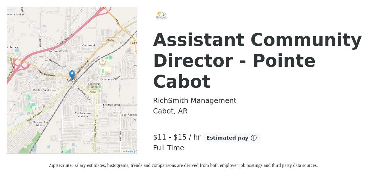 RichSmith Management job posting for a Assistant Community Director - Pointe Cabot in Cabot, AR with a salary of $12 to $16 Hourly with a map of Cabot location.