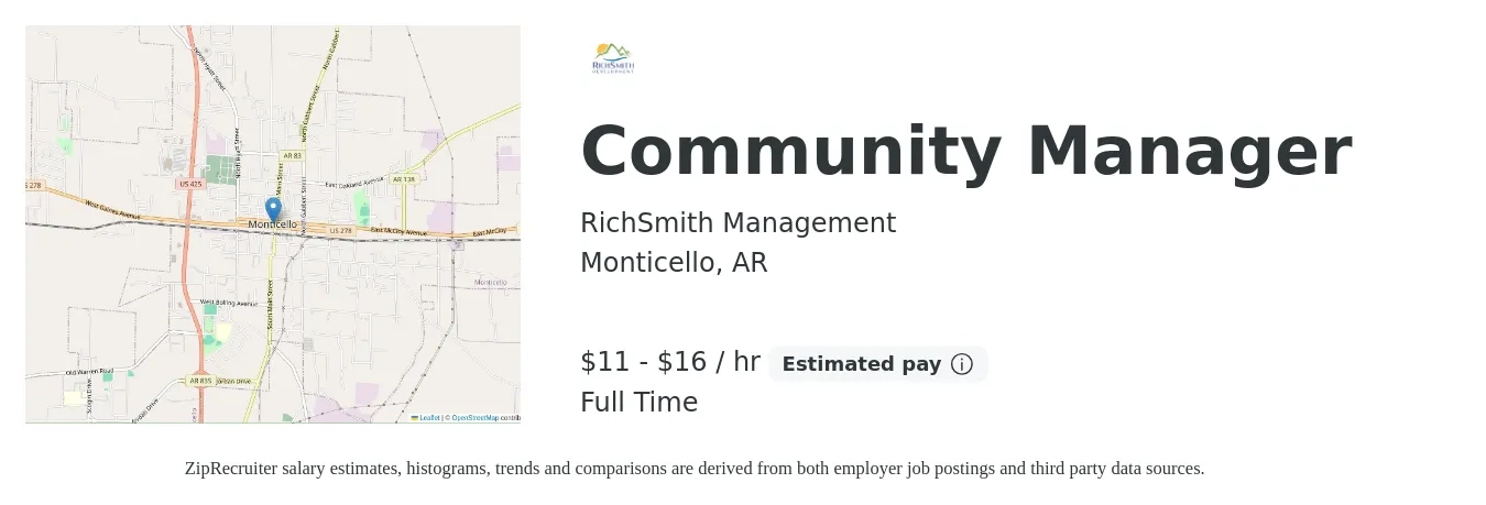 RichSmith Management job posting for a Community Manager in Monticello, AR with a salary of $12 to $17 Hourly with a map of Monticello location.