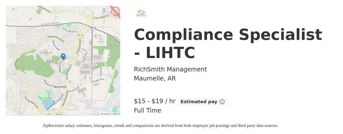 RichSmith Management job posting for a Compliance Specialist - LIHTC in Maumelle, AR with a salary of $16 to $20 Hourly with a map of Maumelle location.