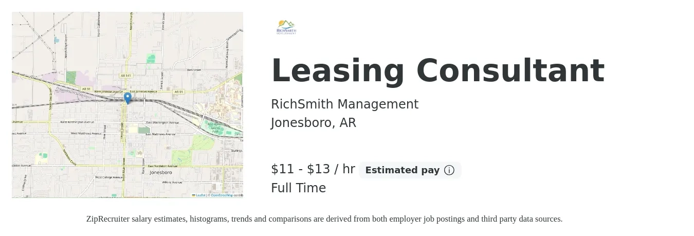 RichSmith Management job posting for a Leasing Consultant in Jonesboro, AR with a salary of $12 to $14 Hourly with a map of Jonesboro location.