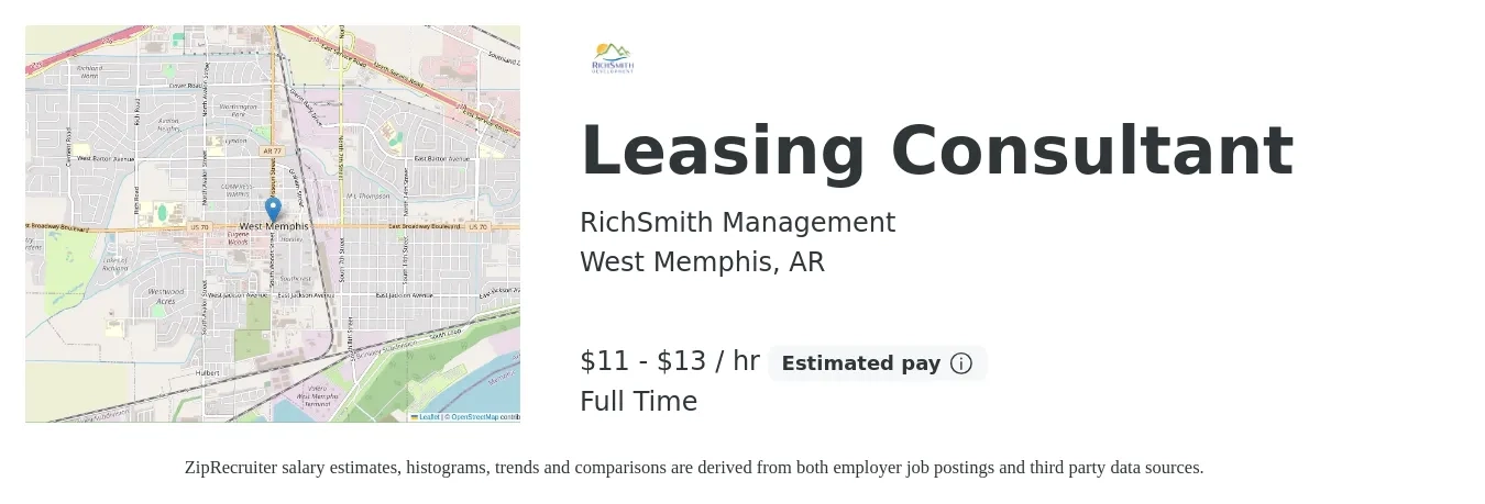 RichSmith Management job posting for a Leasing Consultant in West Memphis, AR with a salary of $12 to $14 Hourly with a map of West Memphis location.
