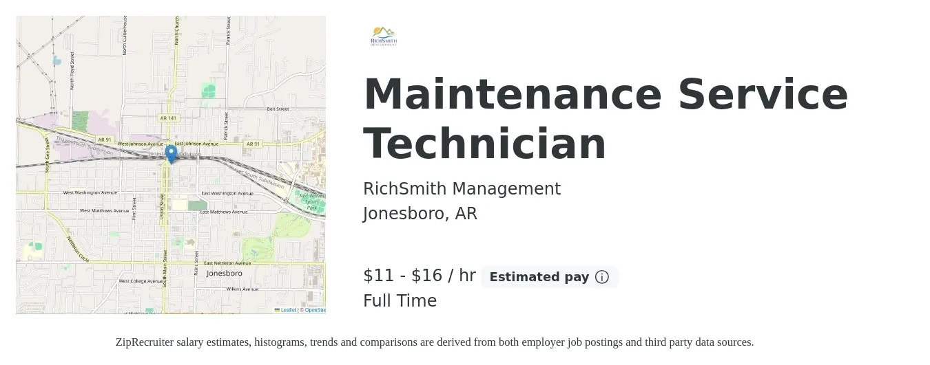 RichSmith Management job posting for a Maintenance Service Technician in Jonesboro, AR with a salary of $12 to $17 Hourly with a map of Jonesboro location.