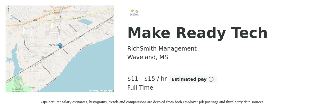 RichSmith Management job posting for a Make Ready Tech in Waveland, MS with a salary of $12 to $16 Hourly with a map of Waveland location.