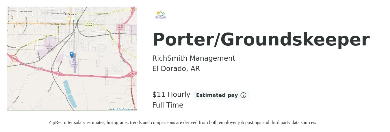 RichSmith Management job posting for a Porter/Groundskeeper in El Dorado, AR with a salary of $12 Hourly with a map of El Dorado location.