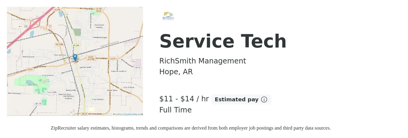 RichSmith Management job posting for a Service Tech in Hope, AR with a salary of $12 to $15 Hourly with a map of Hope location.