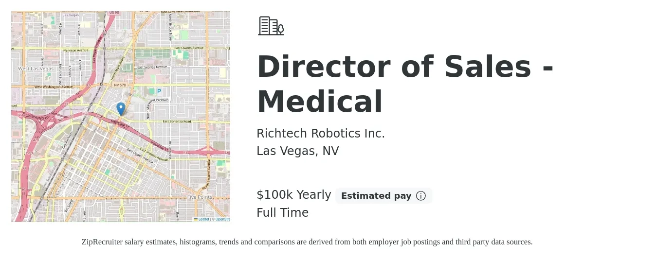 Richtech Robotics Inc. job posting for a Director of Sales - Medical in Las Vegas, NV with a salary of $100,000 Yearly with a map of Las Vegas location.