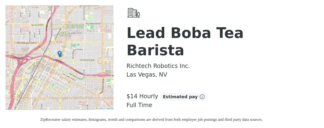 Richtech Robotics Inc. job posting for a Lead Boba Tea Barista in Las Vegas, NV with a salary of $15 Hourly with a map of Las Vegas location.