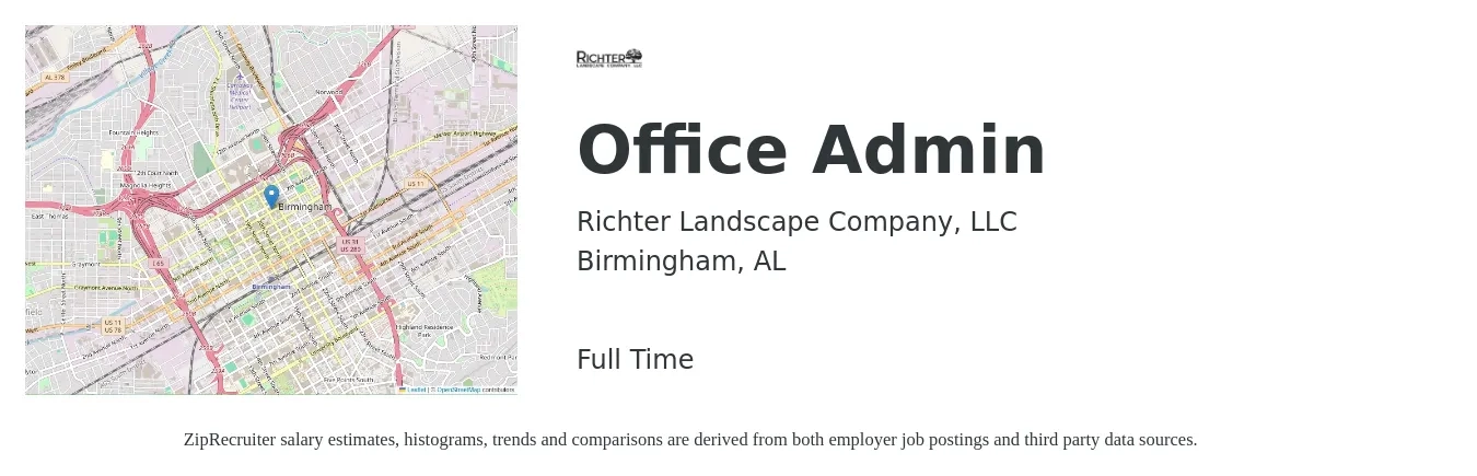 Richter Landscape Company, LLC job posting for a Office Admin in Birmingham, AL with a salary of $16 to $20 Hourly with a map of Birmingham location.