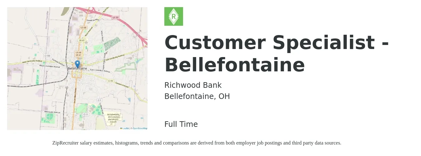 Richwood Bank job posting for a Customer Specialist - Bellefontaine in Bellefontaine, OH with a salary of $16 to $21 Hourly with a map of Bellefontaine location.