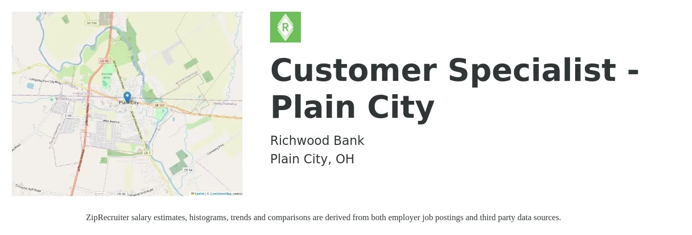 Richwood Bank job posting for a Customer Specialist - Plain City in Plain City, OH with a salary of $17 to $22 Hourly with a map of Plain City location.