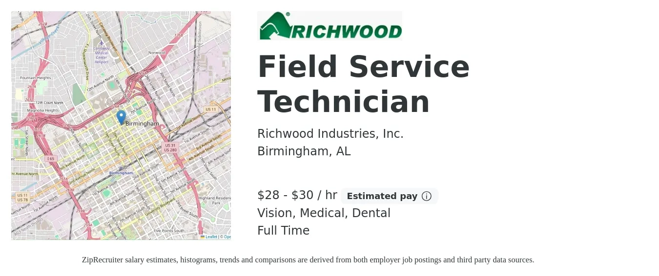 Richwood Industries, Inc. job posting for a Field Service Technician in Birmingham, AL with a salary of $30 to $32 Hourly and benefits including life_insurance, medical, pto, retirement, vision, and dental with a map of Birmingham location.