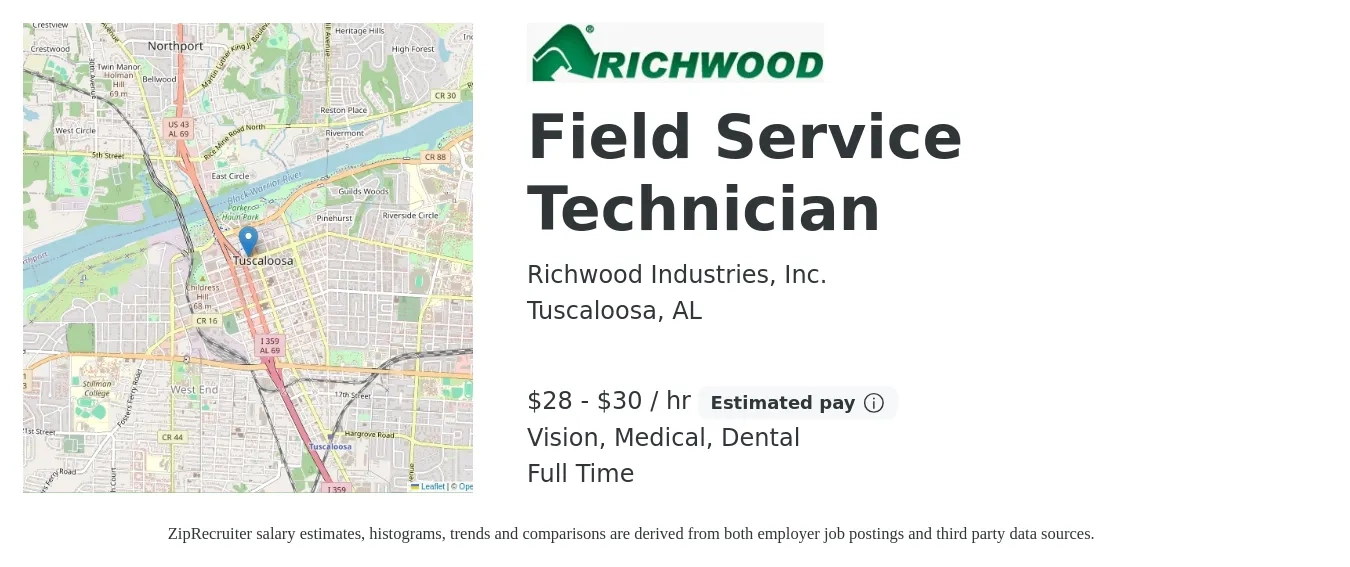 Richwood Industries, Inc. job posting for a Field Service Technician in Tuscaloosa, AL with a salary of $30 to $32 Hourly and benefits including medical, pto, retirement, vision, dental, and life_insurance with a map of Tuscaloosa location.