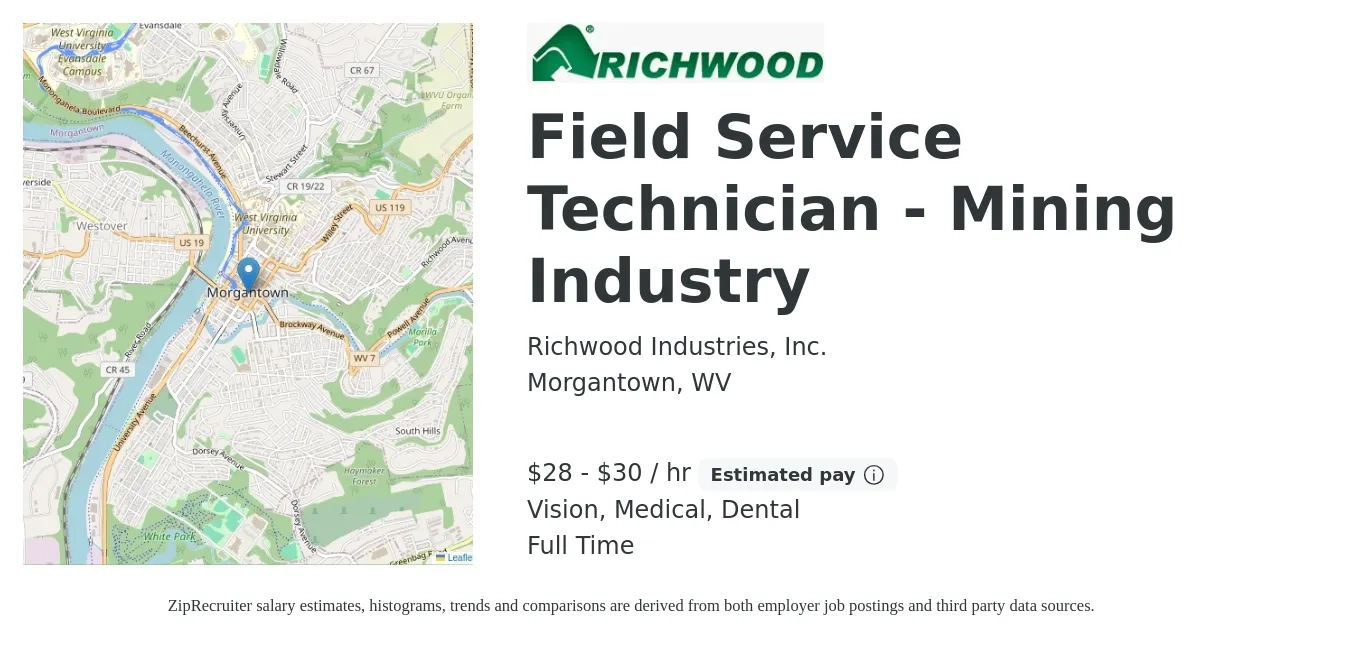 Richwood Industries, Inc. job posting for a Field Service Technician - Mining Industry in Morgantown, WV with a salary of $30 to $32 Hourly and benefits including medical, vision, 401k, dental, and life_insurance with a map of Morgantown location.