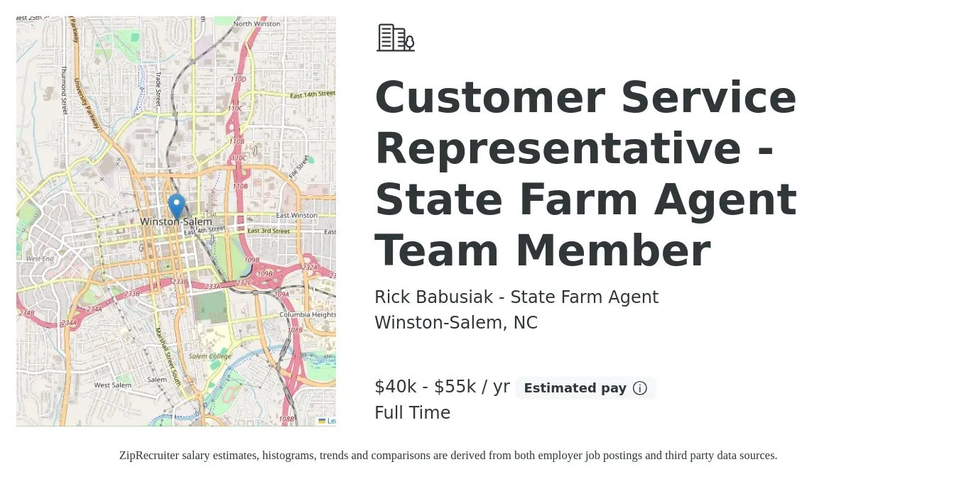 Rick Babusiak - State Farm Agent job posting for a Customer Service Representative - State Farm Agent Team Member in Winston-Salem, NC with a salary of $40,000 to $50,000 Yearly with a map of Winston-Salem location.