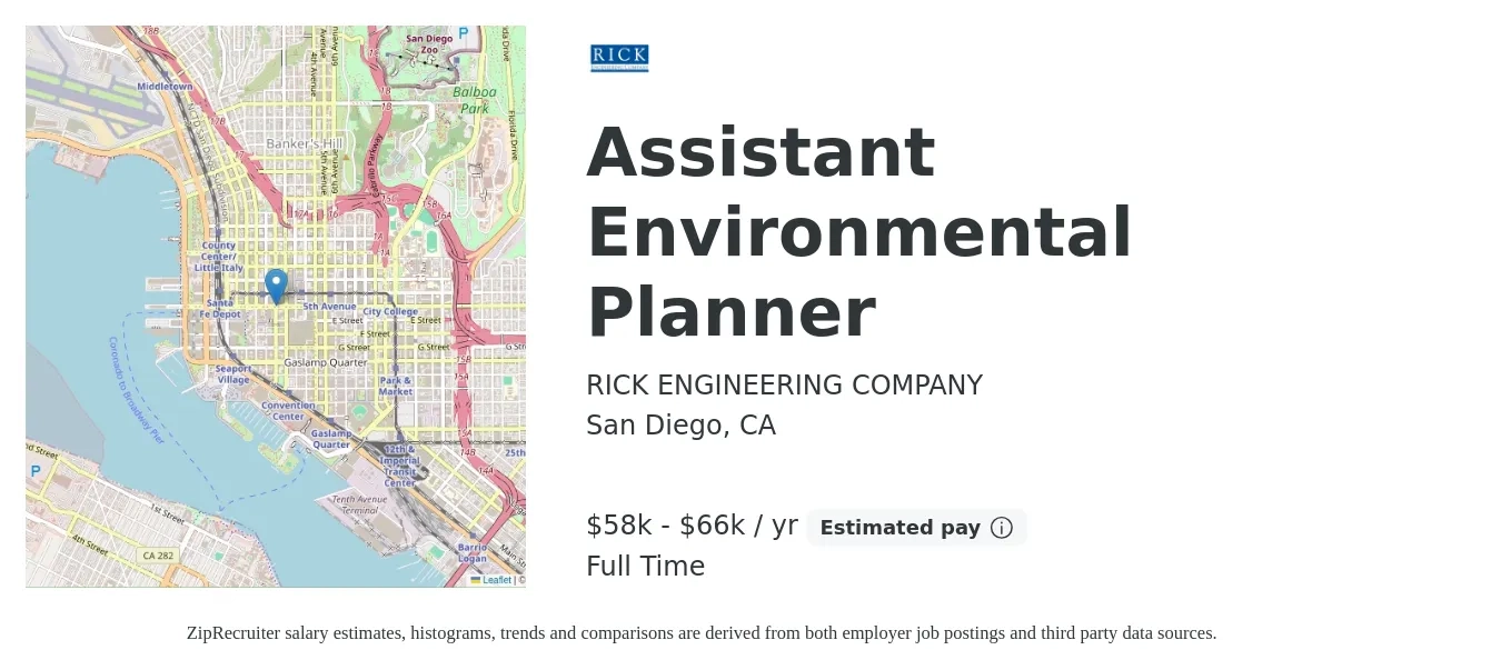 RICK ENGINEERING COMPANY job posting for a Assistant Environmental Planner in San Diego, CA with a salary of $58,000 to $66,500 Yearly with a map of San Diego location.