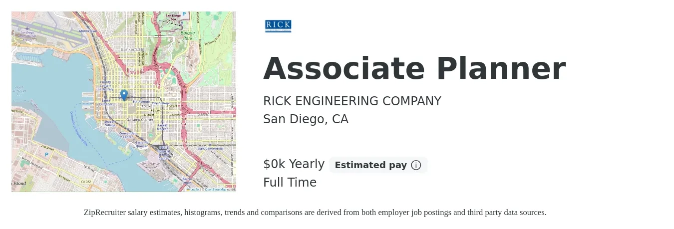 RICK ENGINEERING COMPANY job posting for a Associate Planner in San Diego, CA with a salary of $33 to $40 Yearly with a map of San Diego location.