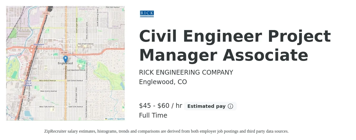 RICK ENGINEERING COMPANY job posting for a Civil Engineer Project Manager Associate in Englewood, CO with a salary of $47 to $63 Hourly with a map of Englewood location.